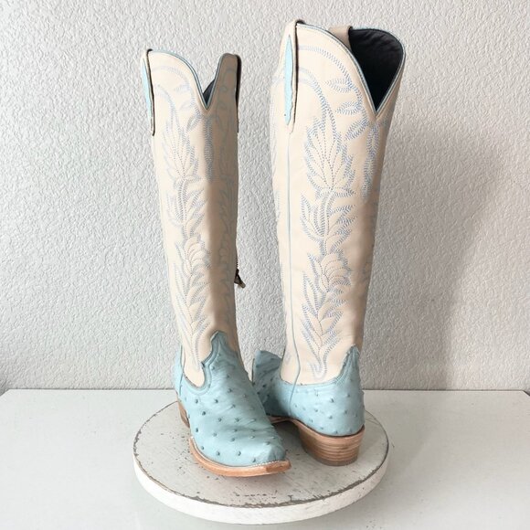 Lane boots Shoes - Lane SANDAGA Knee High Womens Cowboy Boots 7 Blue Ostrich Cowgirl Western Zipper